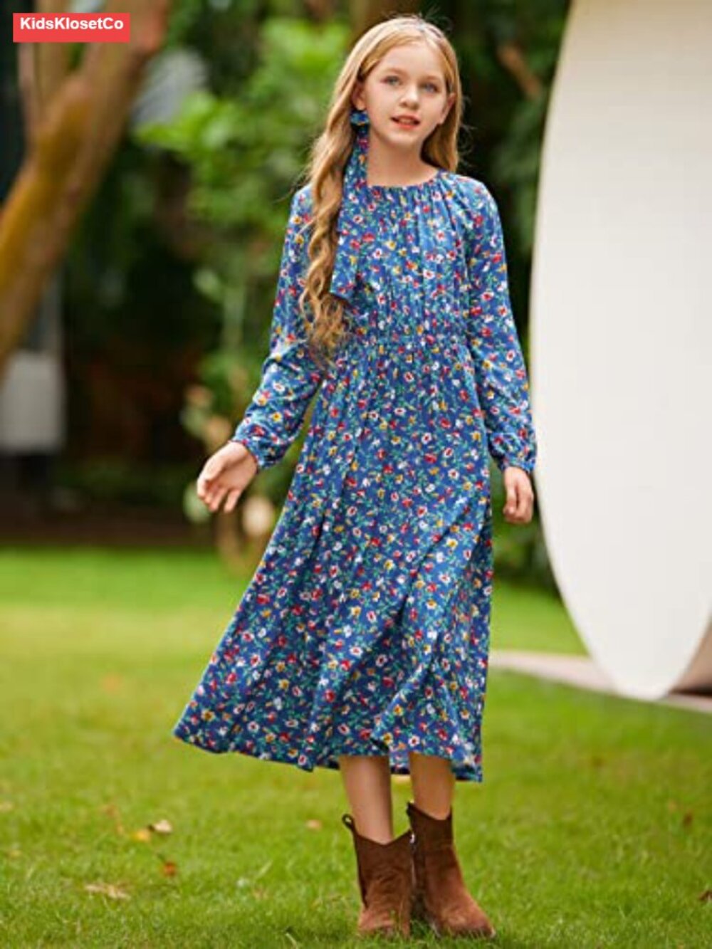 Girls Floral Print A-line Swing Midi Dress with Pocket Long Sleeve - Picture 3 of 4